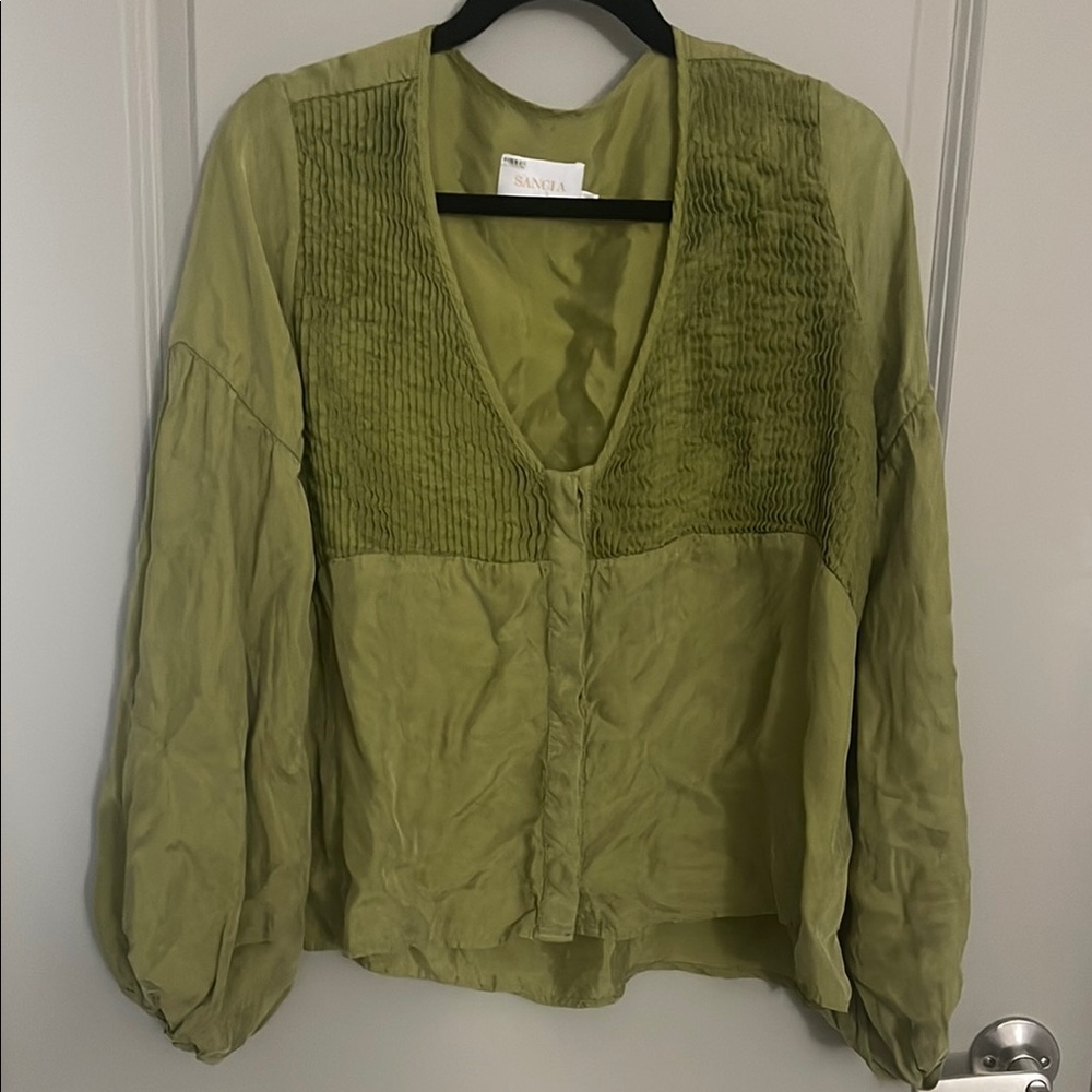 Anthropologie Sancia Olive Green V-Neck Oversized Puffy sleeve pintucked pleat